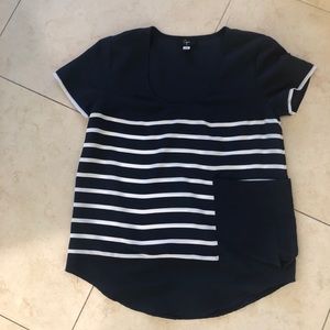 Navy & White Striped Short Sleeve Blouse Sz XS